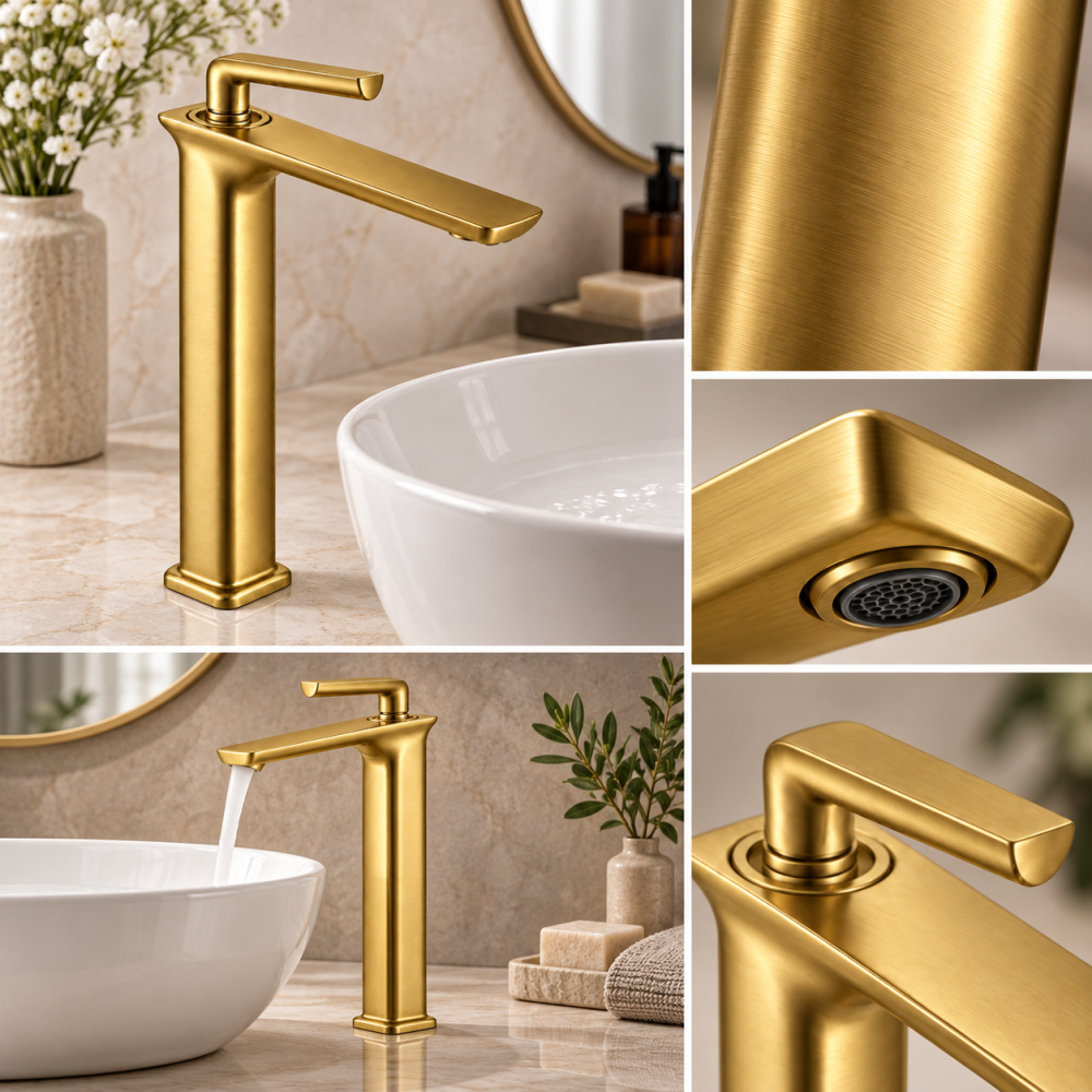 Baterie sanitară înaltă pentru baie, AVI®, auriu periat, H pipă 29 cm, H total 33 cm, pentru lavoar tip bol, AVI-5725 [2]