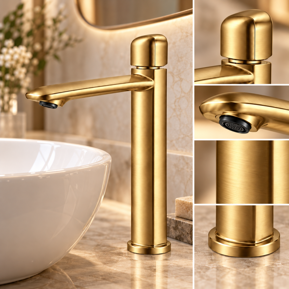 Baterie sanitară înaltă pentru baie, AVI®, auriu periat, H pipă 26,5 cm, H total 32 cm, pentru lavoar tip bol, AVI-5745 [2]