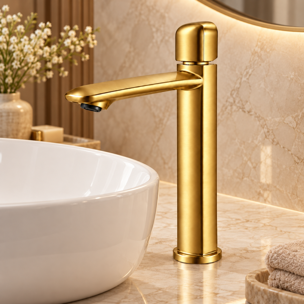 Baterie sanitară înaltă pentru baie, AVI®, auriu periat, H pipă 26,5 cm, H total 32 cm, pentru lavoar tip bol, AVI-5745 [6]