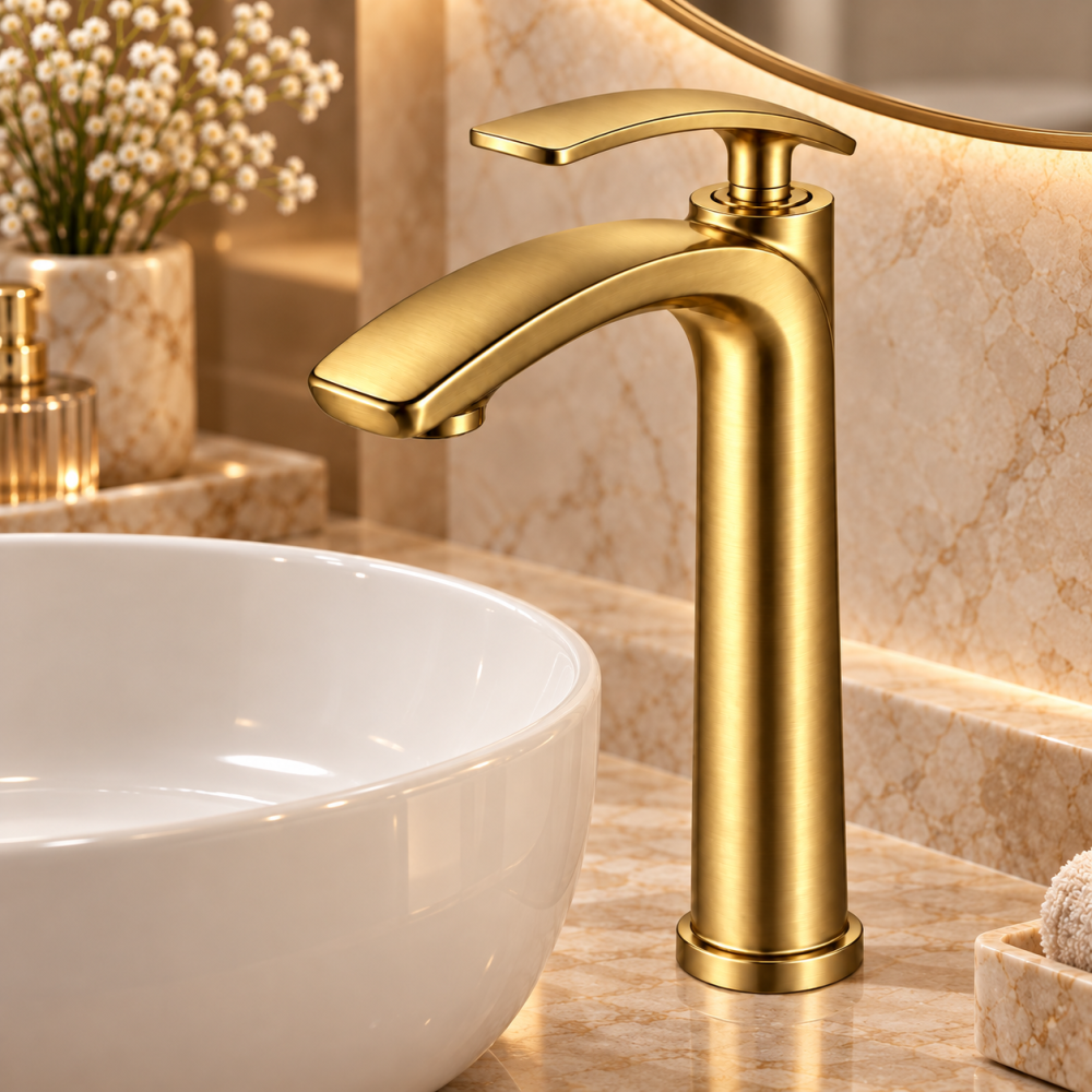 Baterie sanitară înaltă pentru baie, AVI®, auriu periat, H pipă 30 cm, H total 33 cm, pentru lavoar tip bol, AVI-5735 [6]