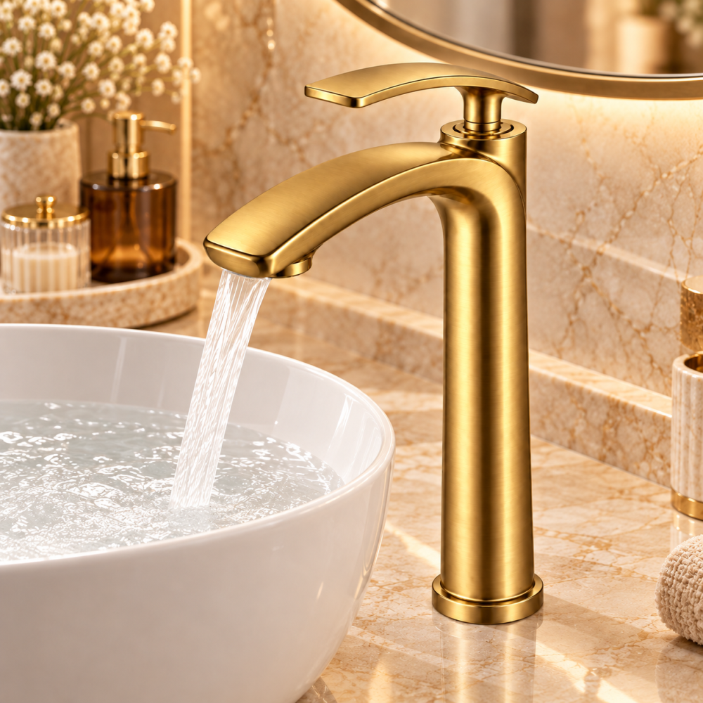Baterie sanitară înaltă pentru baie, AVI®, auriu periat, H pipă 30 cm, H total 33 cm, pentru lavoar tip bol, AVI-5735 [4]
