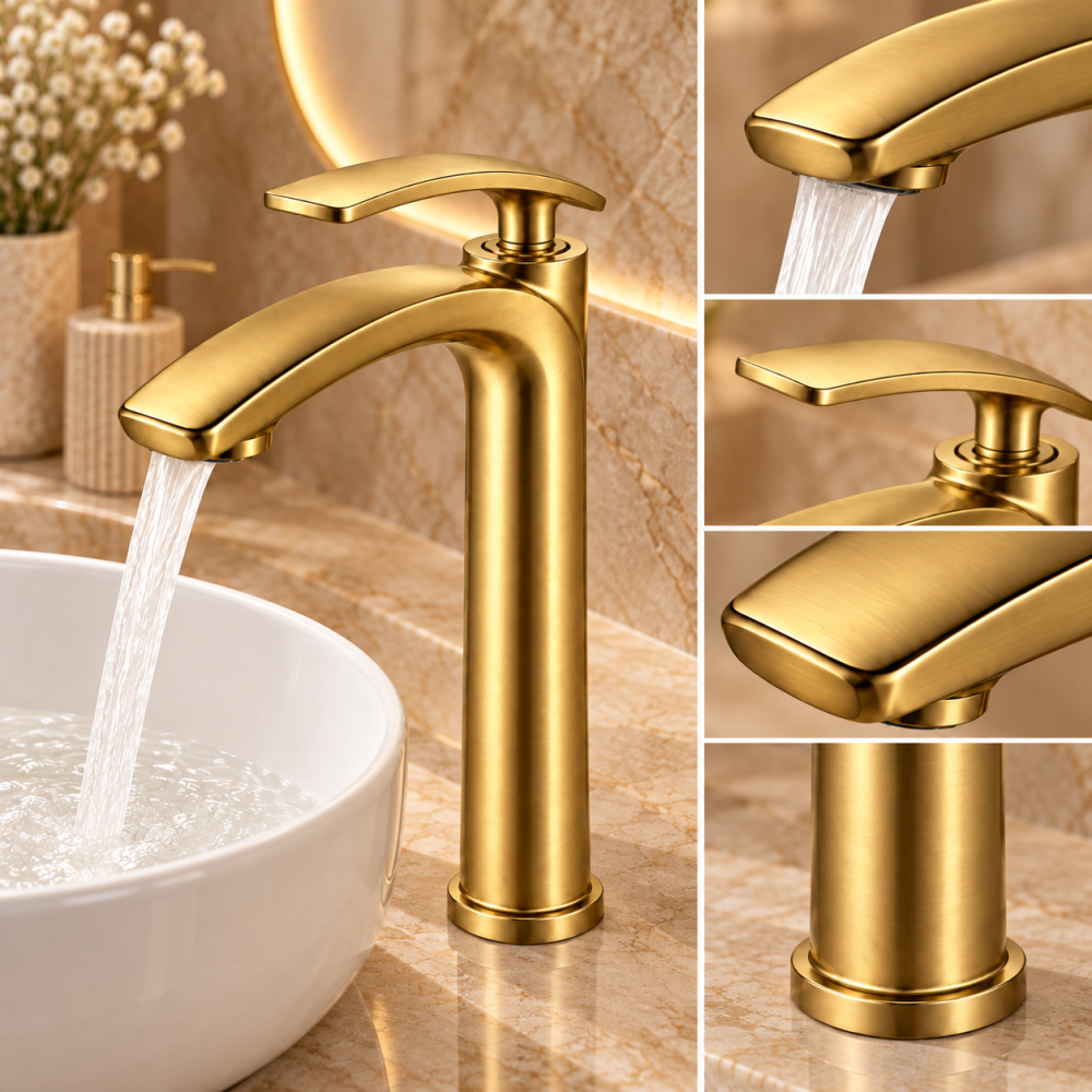 Baterie sanitară înaltă pentru baie, AVI®, auriu periat, H pipă 30 cm, H total 33 cm, pentru lavoar tip bol, AVI-5735 [3]