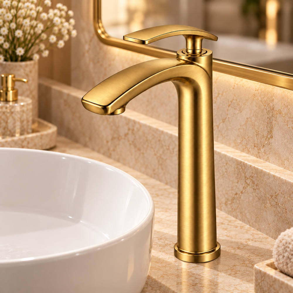 Baterie sanitară înaltă pentru baie, AVI®, auriu periat, H pipă 30 cm, H total 33 cm, pentru lavoar tip bol, AVI-5735 [5]
