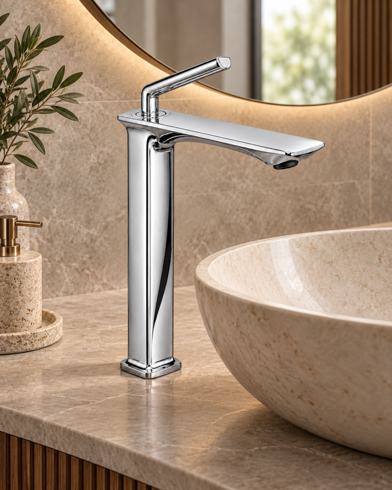 Baterie sanitară înaltă pentru baie, AVI®, cromată, H pipă 29 cm, H total 33 cm, pentru lavoar tip bol pe blat, cu racorduri incluse, AVI-5721 [6]