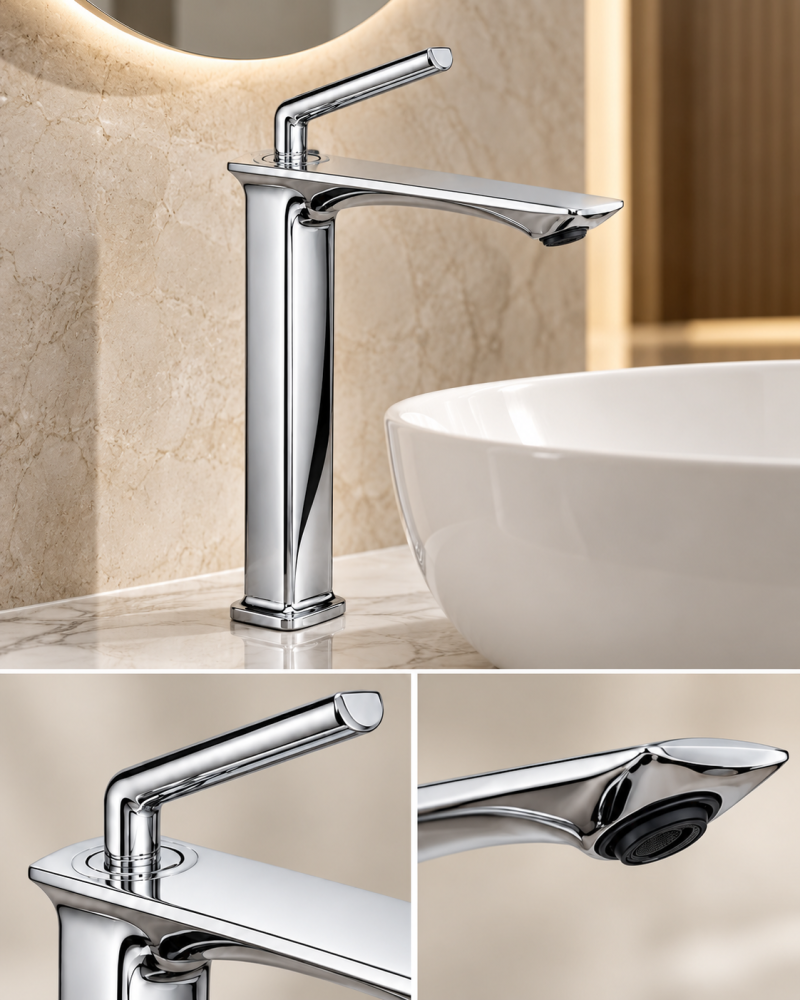Baterie sanitară înaltă pentru baie, AVI®, cromată, H pipă 29 cm, H total 33 cm, pentru lavoar tip bol pe blat, cu racorduri incluse, AVI-5721 [2]