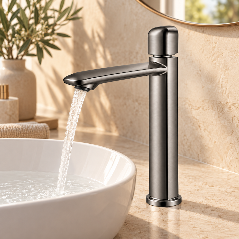 Baterie sanitară înaltă pentru baie, AVI®, gri grafit satinat, H pipă 26,5 cm, H total 32 cm, pentru lavoar tip bol, AVI-5744 [4]