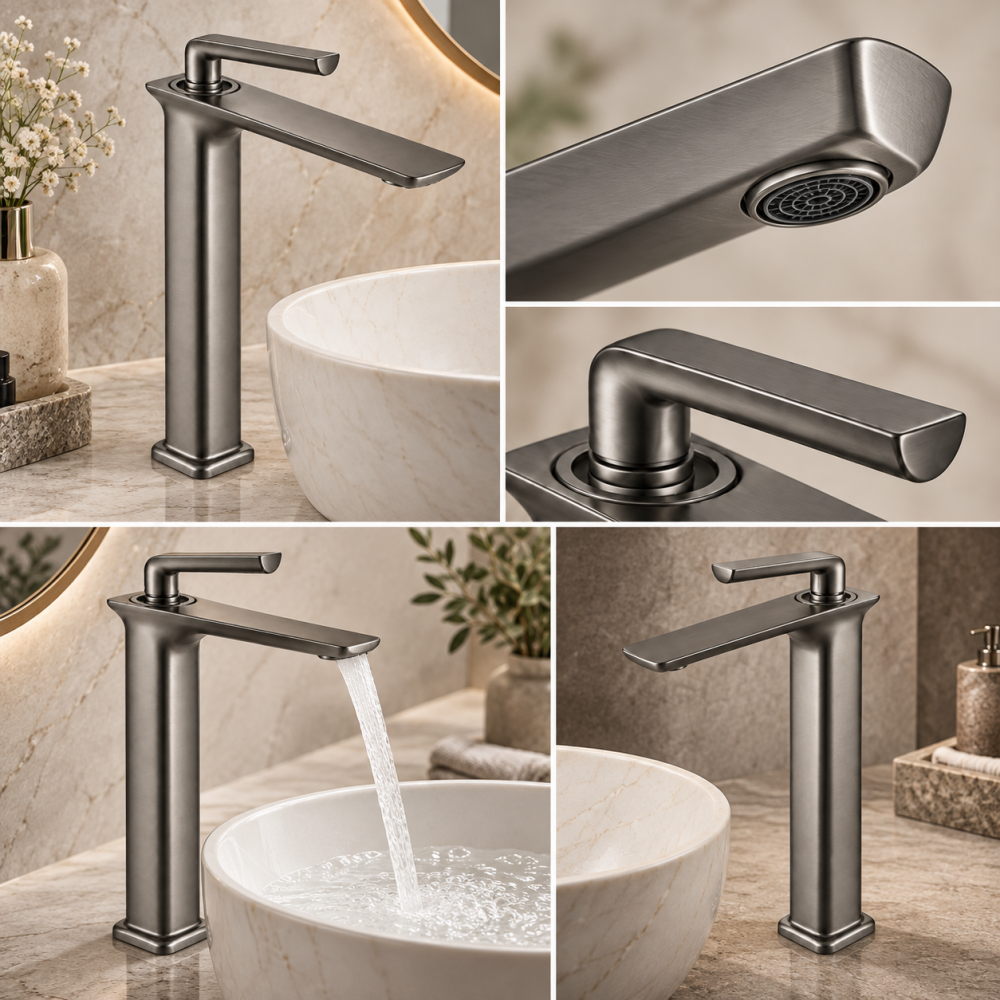 Baterie sanitară înaltă pentru baie, AVI®, gri grafit satinat, H total 33 cm, H până la partea superioară a pipei 29 cm, pentru lavoar tip bol, AVI-5724 [2]
