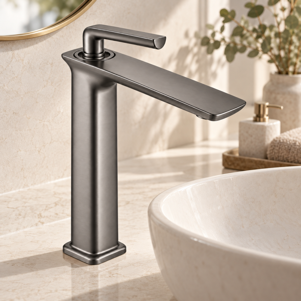 Baterie sanitară înaltă pentru baie, AVI®, gri grafit satinat, H total 33 cm, H până la partea superioară a pipei 29 cm, pentru lavoar tip bol, AVI-5724 [3]