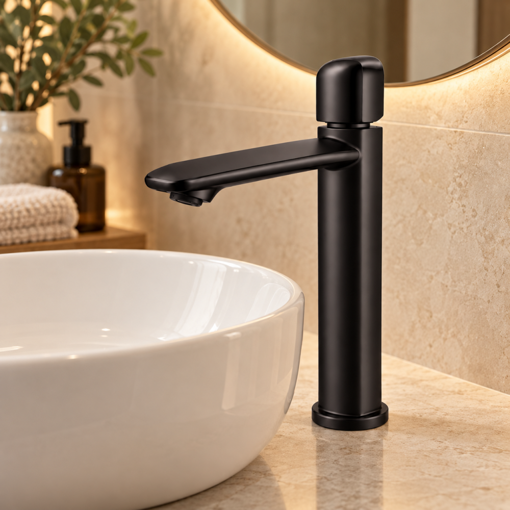 Baterie sanitară înaltă pentru baie, AVI®, negru mat, H pipă 26,5 cm, H total 32 cm, pentru lavoar tip bol, AVI-5742 [5]