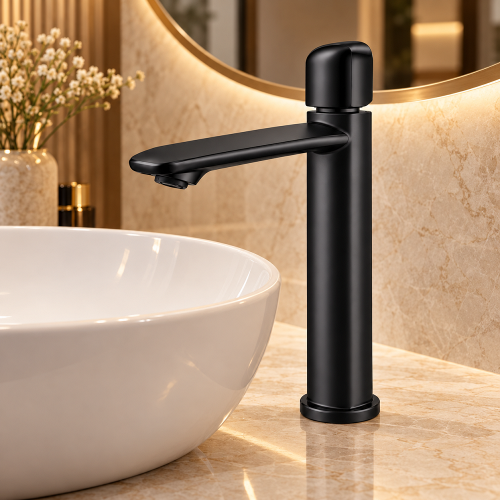 Baterie sanitară înaltă pentru baie, AVI®, negru mat, H pipă 26,5 cm, H total 32 cm, pentru lavoar tip bol, AVI-5742 [6]