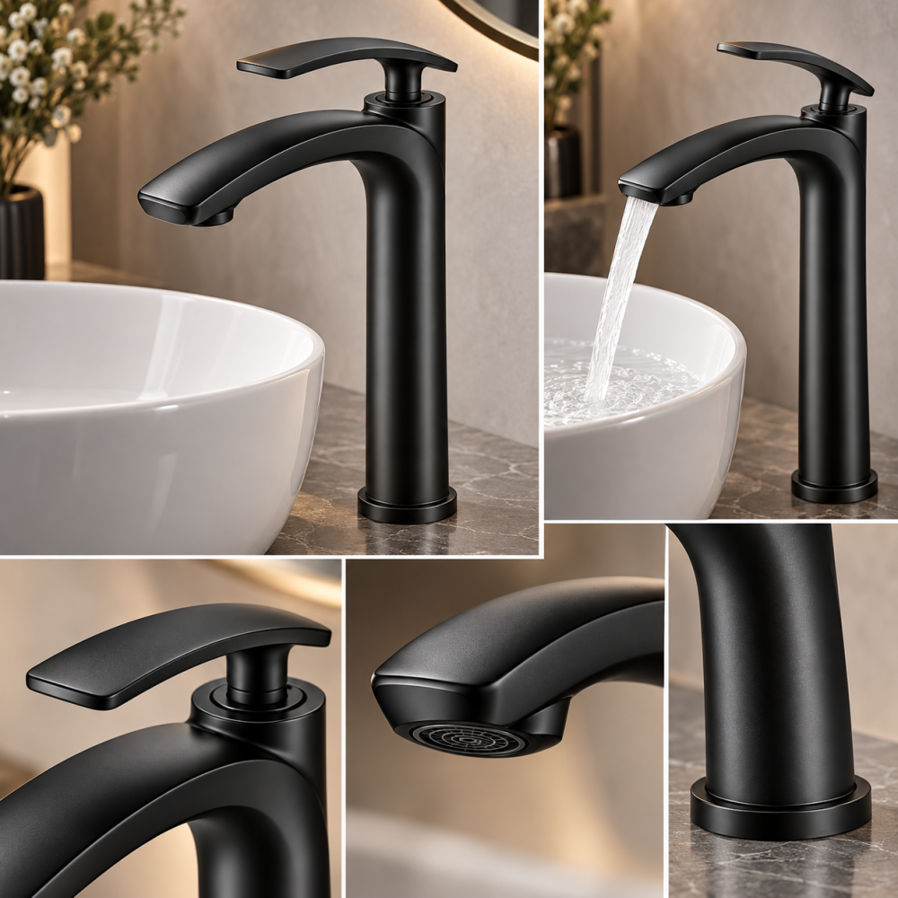 Baterie sanitară înaltă pentru baie, AVI®, negru mat, H pipă 30 cm, H total 33 cm, pentru lavoar tip bol, AVI-5732 [3]