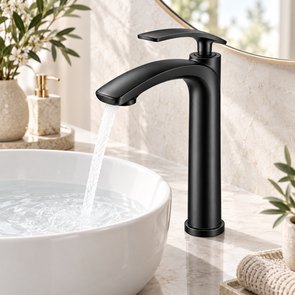 Baterie sanitară înaltă pentru baie, AVI®, negru mat, H pipă 30 cm, H total 33 cm, pentru lavoar tip bol, AVI-5732 [2]