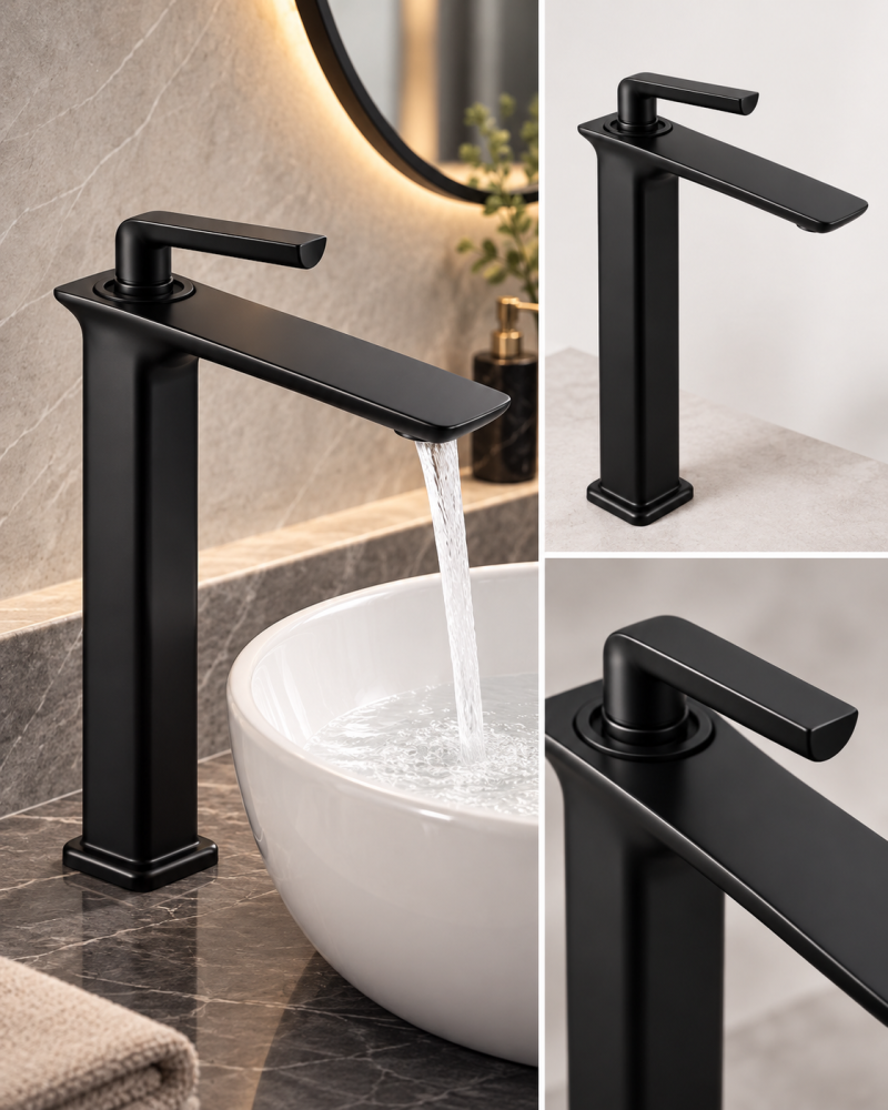 Baterie sanitară înaltă pentru baie, AVI®, negru mat, H total 33 cm, H până la partea superioară a pipei 29 cm, pentru lavoar tip bol, AVI-5722 [3]
