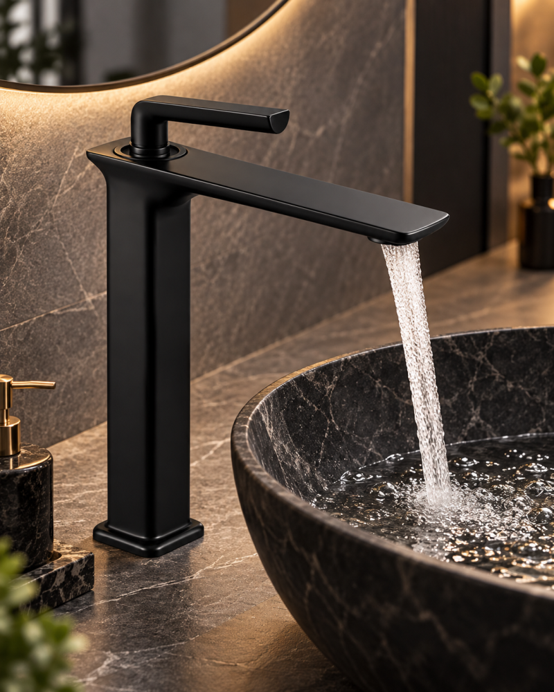 Baterie sanitară înaltă pentru baie, AVI®, negru mat, H total 33 cm, H până la partea superioară a pipei 29 cm, pentru lavoar tip bol, AVI-5722 [5]