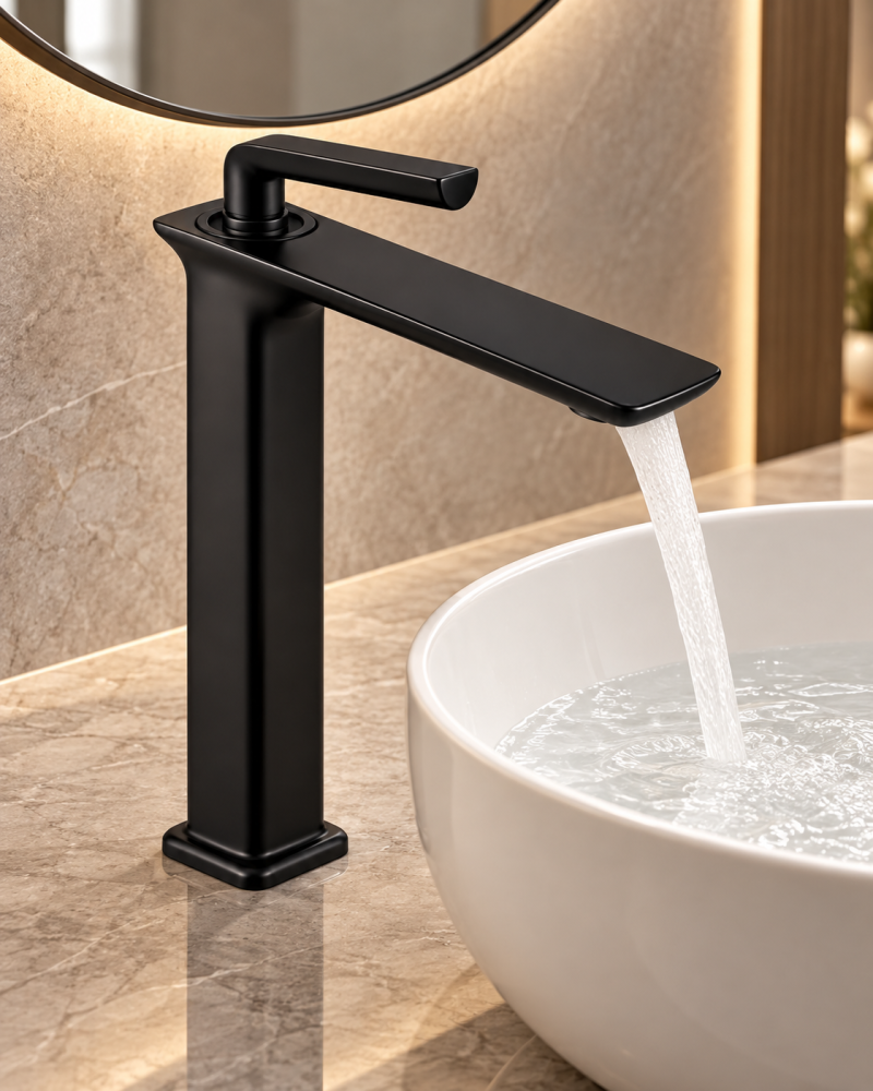 Baterie sanitară înaltă pentru baie, AVI®, negru mat, H total 33 cm, H până la partea superioară a pipei 29 cm, pentru lavoar tip bol, AVI-5722 [6]
