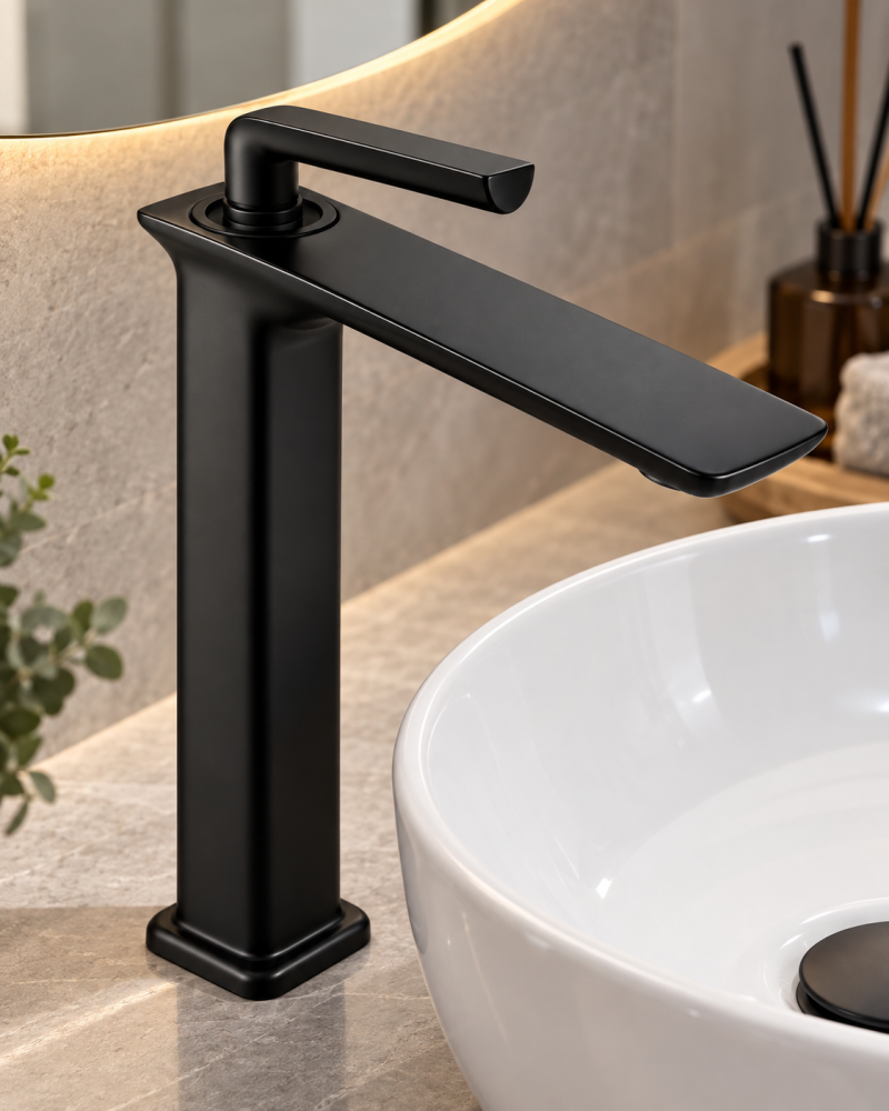 Baterie sanitară înaltă pentru baie, AVI®, negru mat, H total 33 cm, H până la partea superioară a pipei 29 cm, pentru lavoar tip bol, AVI-5722 [2]