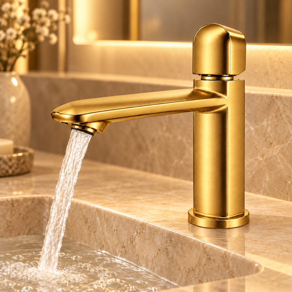 Baterie sanitară pentru baie, AVI®, auriu periat, H pipă 15,5 cm, H total 21 cm, AVI-5740 [3]
