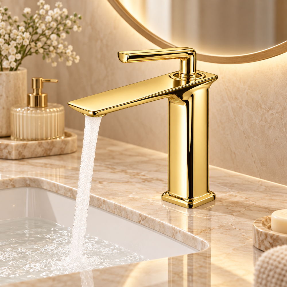 Baterie sanitară pentru baie, AVI®, auriu, H pipă 16 cm, H total 21 cm, cu racorduri incluse, AVI-5718 [4]