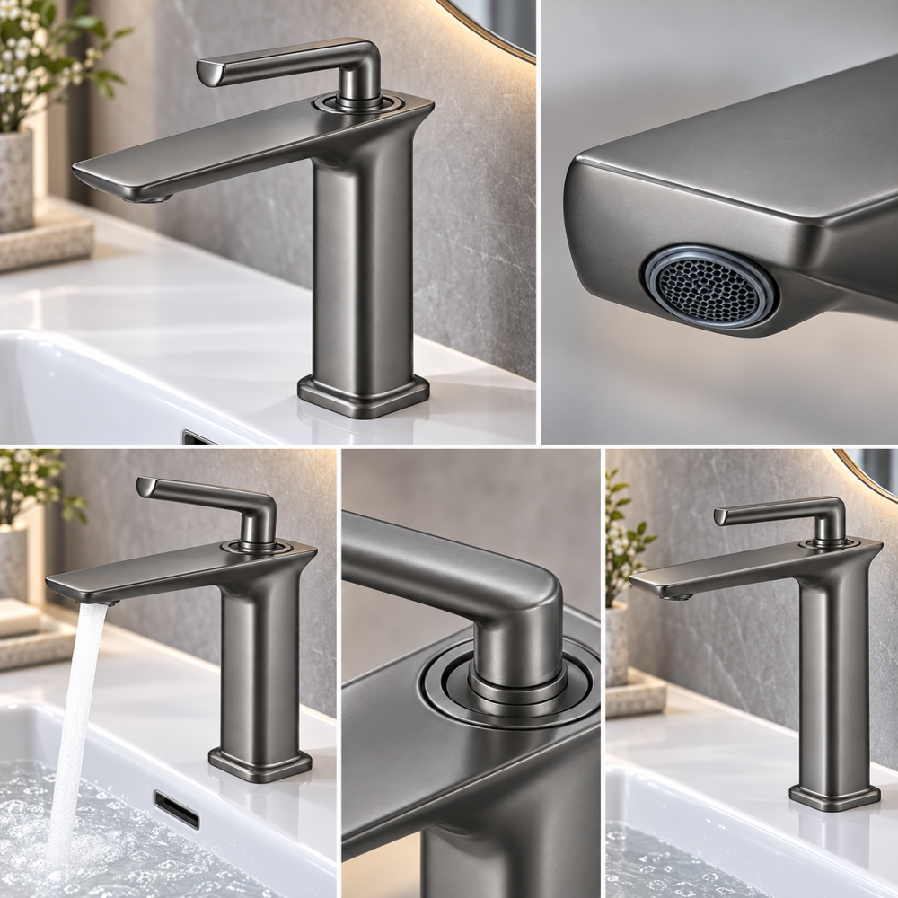 Baterie sanitară pentru baie, AVI®, gri grafit satinat, H pipă 16 cm, H total 21 cm, cu racorduri incluse, AVI-5719 [2]