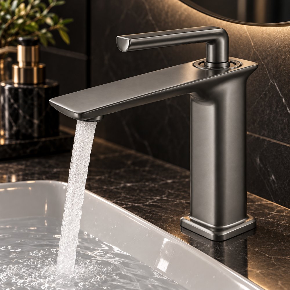 Baterie sanitară pentru baie, AVI®, gri grafit satinat, H pipă 16 cm, H total 21 cm, cu racorduri incluse, AVI-5719 [3]