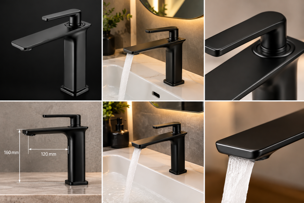 Baterie sanitară pentru baie, AVI®, negru mat, H pipă 16 cm, H total 21 cm, cu racorduri incluse, AVI-5717 [3]