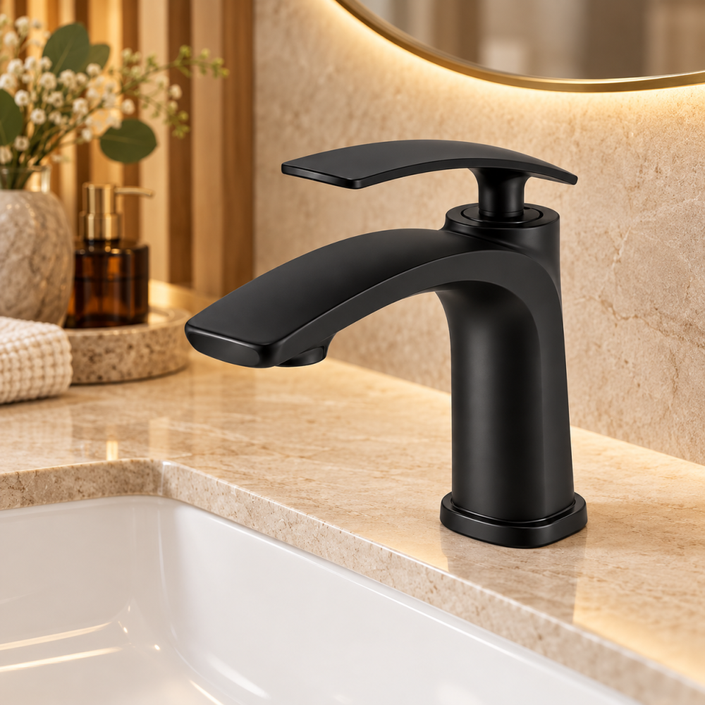 Baterie sanitară pentru baie, AVI®, negru mat, H pipă 18 cm, H total 20 cm, AVI-5727 [5]
