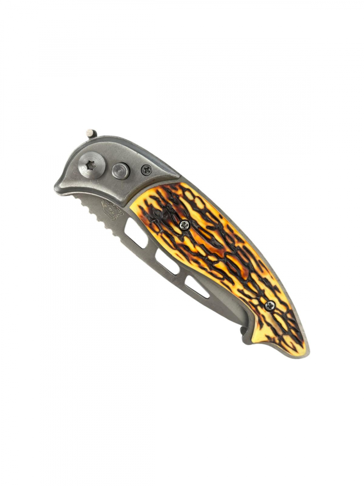 Briceag pliabil pentru outdoor cu husă, lamă 8,5 cm, lungime totală 20,5 cm, grosime lamă 2 mm, 110 g, mâner imitație corn, AVI-5077 [2]