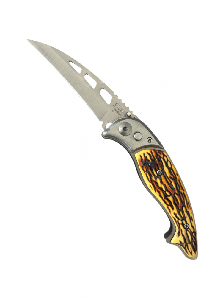 Briceag pliabil pentru outdoor cu husă, lamă 8,5 cm, lungime totală 20,5 cm, grosime lamă 2 mm, 110 g, mâner imitație corn, AVI-5077 [1]