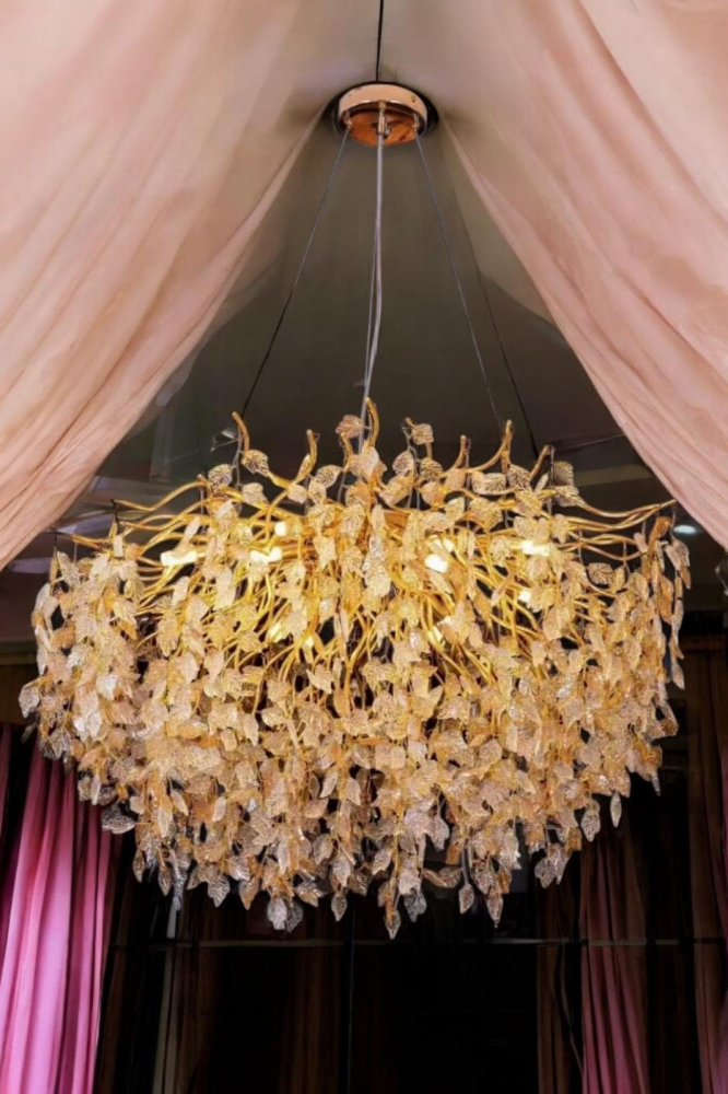 Candelabru suspendat, inaltime ajustabila, 9 x E14, cu 1200 piese transparente si aurii, Ø 50cm, schelet auriu, ramificatii usor flexibile, AVI-4379 [3]