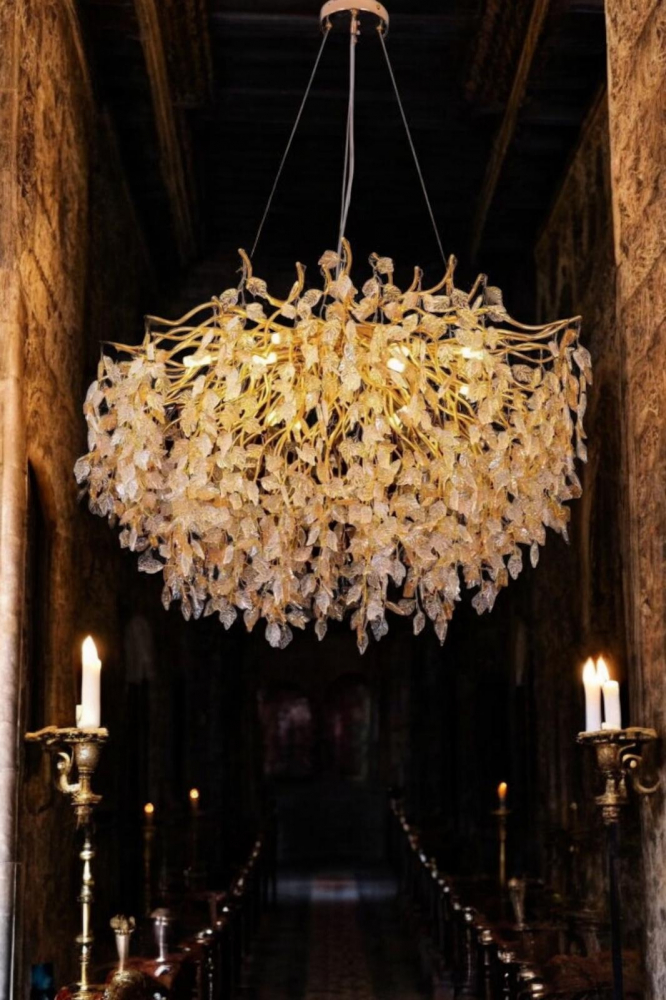 Candelabru suspendat, inaltime ajustabila, 9 x E14, cu 1200 piese transparente si aurii, Ø 50cm, schelet auriu, ramificatii usor flexibile, AVI-4379 [5]