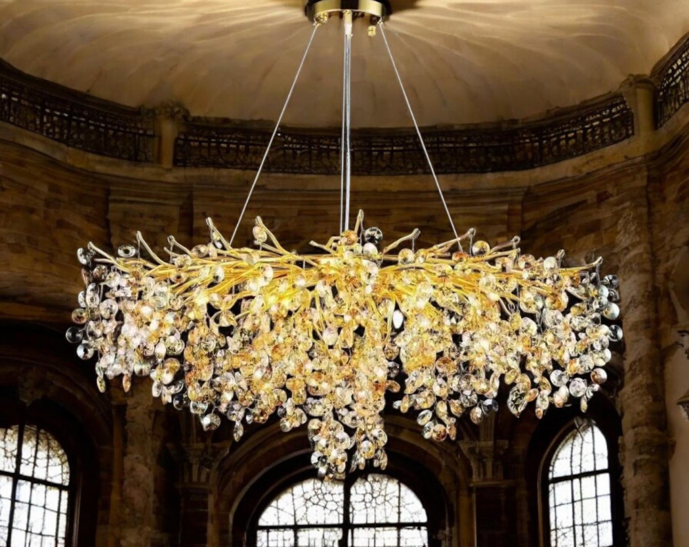 Candelabru suspendat, lungime 100cm, latime 50cm, inaltime ajustabila, 14 x E14, cu 1200 piese cristal, schelet auriu, ramificatii usor flexibile, AVI-4380 [3]