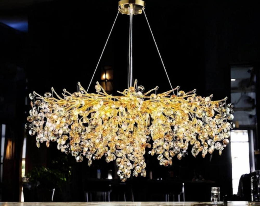 Candelabru suspendat, lungime 65cm, latime 35cm, inaltime ajustabila, 9 x E14, cu 700 piese cristal transparente si aurii, schelet auriu, ramificatii usor flexibile, AVI-4381 [5]