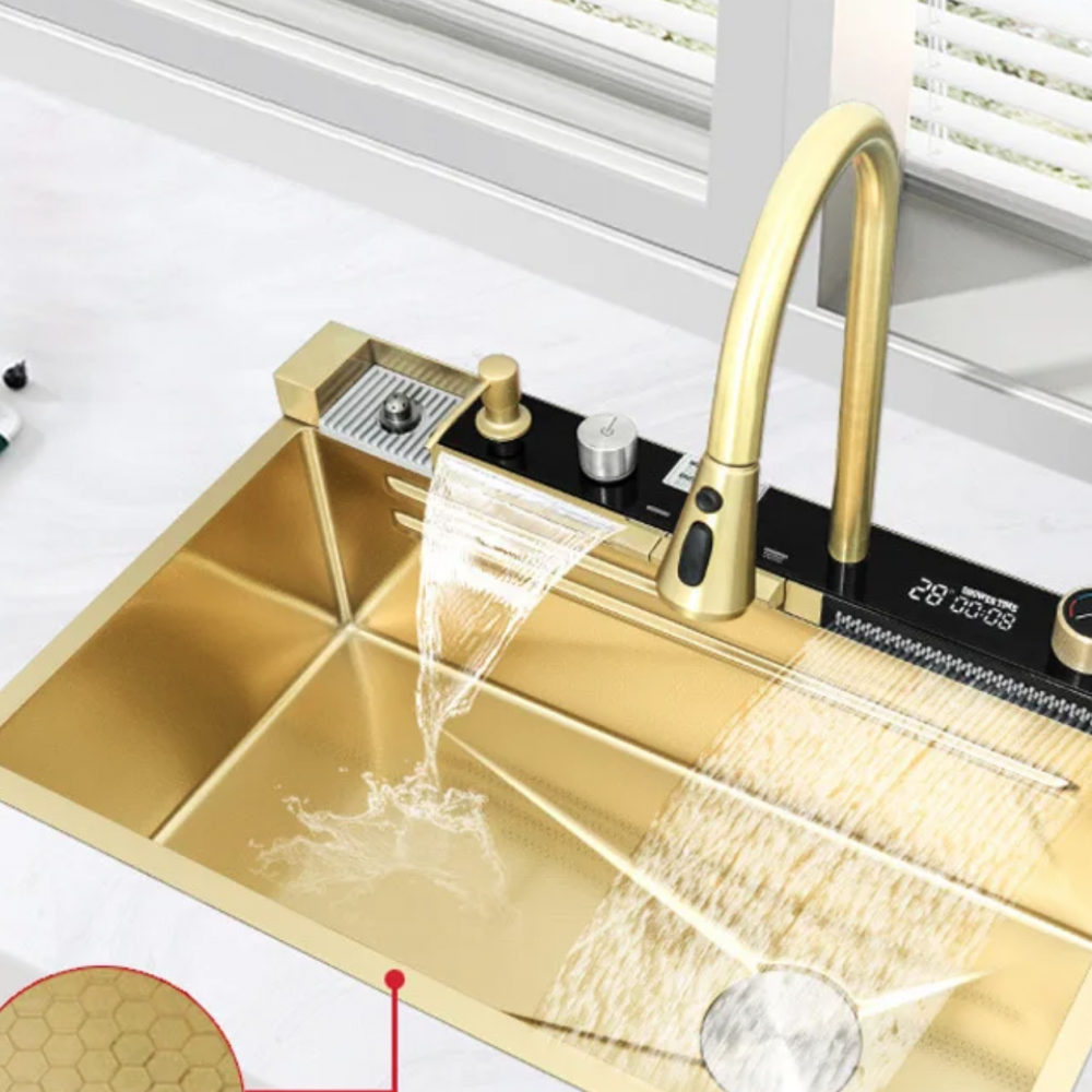 Chiuveta AVI® multifunctionala cu doua cascade, iluminare LED autonoma, spalator pahare, tavite, tocator, set scurgere si racorduri incluse, 750 x 460mm, auriu, AVI-4089AUR [4]