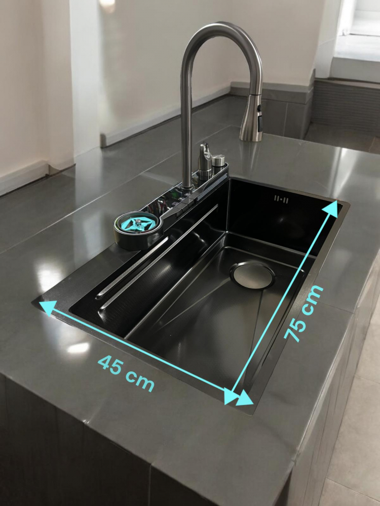 Chiuveta bucatarie, multifunctionala, inox 304 baterie completa cu spalator pahare, cascada tip ploaie, banda LED, afisaj temperatura autonom, 750 x 450mm, accesorii incluse, AVI-4585 [12]