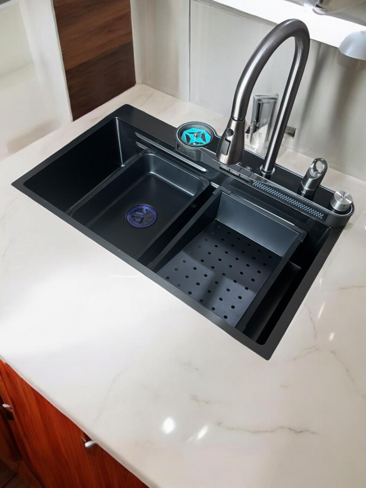 Chiuveta bucatarie, multifunctionala, inox 304 baterie completa cu spalator pahare, cascada tip ploaie, banda LED, afisaj temperatura autonom, 750 x 450mm, accesorii incluse, AVI-4585 [7]
