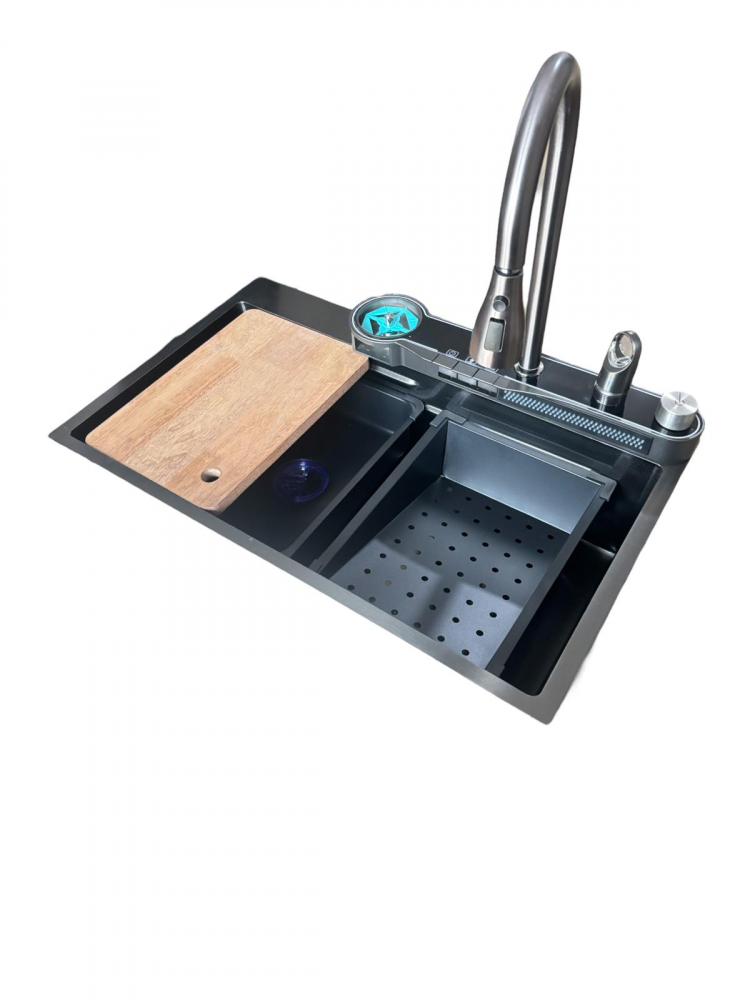 Chiuveta bucatarie, multifunctionala, inox 304 baterie completa cu spalator pahare, cascada tip ploaie, banda LED, afisaj temperatura autonom, 750 x 450mm, accesorii incluse, AVI-4585 [5]