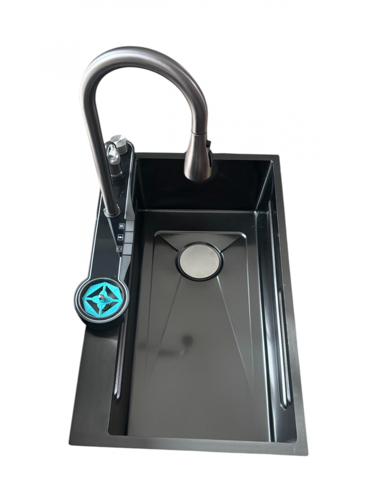 Chiuveta bucatarie, multifunctionala, inox 304 baterie completa cu spalator pahare, cascada tip ploaie, banda LED, afisaj temperatura autonom, 750 x 450mm, accesorii incluse, AVI-4585 [6]