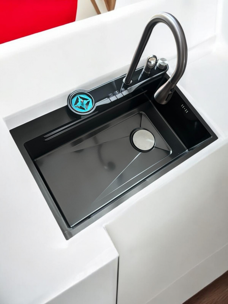 Chiuveta bucatarie, multifunctionala, inox 304 baterie completa cu spalator pahare, cascada tip ploaie, banda LED, afisaj temperatura autonom, 750 x 450mm, accesorii incluse, AVI-4585 [8]