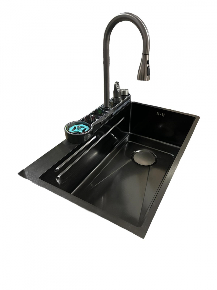 Chiuveta bucatarie, multifunctionala, inox 304 baterie completa cu spalator pahare, cascada tip ploaie, banda LED, afisaj temperatura autonom, 750 x 450mm, accesorii incluse, AVI-4585 [11]