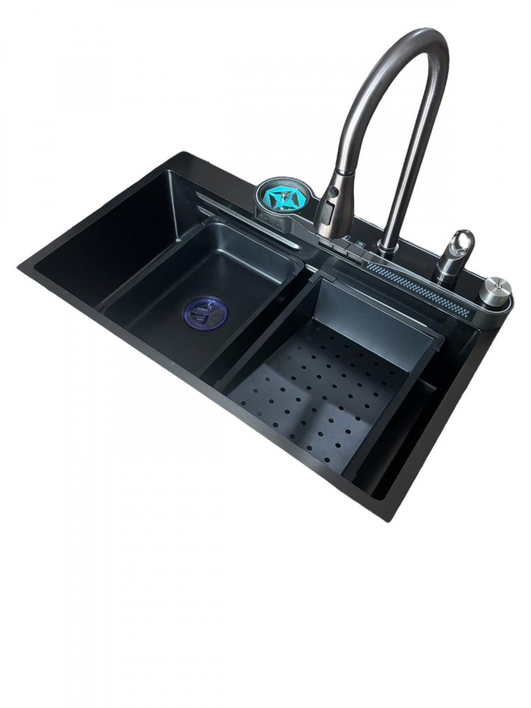 Chiuveta bucatarie, multifunctionala, inox 304 baterie completa cu spalator pahare, cascada tip ploaie, banda LED, afisaj temperatura autonom, 750 x 450mm, accesorii incluse, AVI-4585 [3]