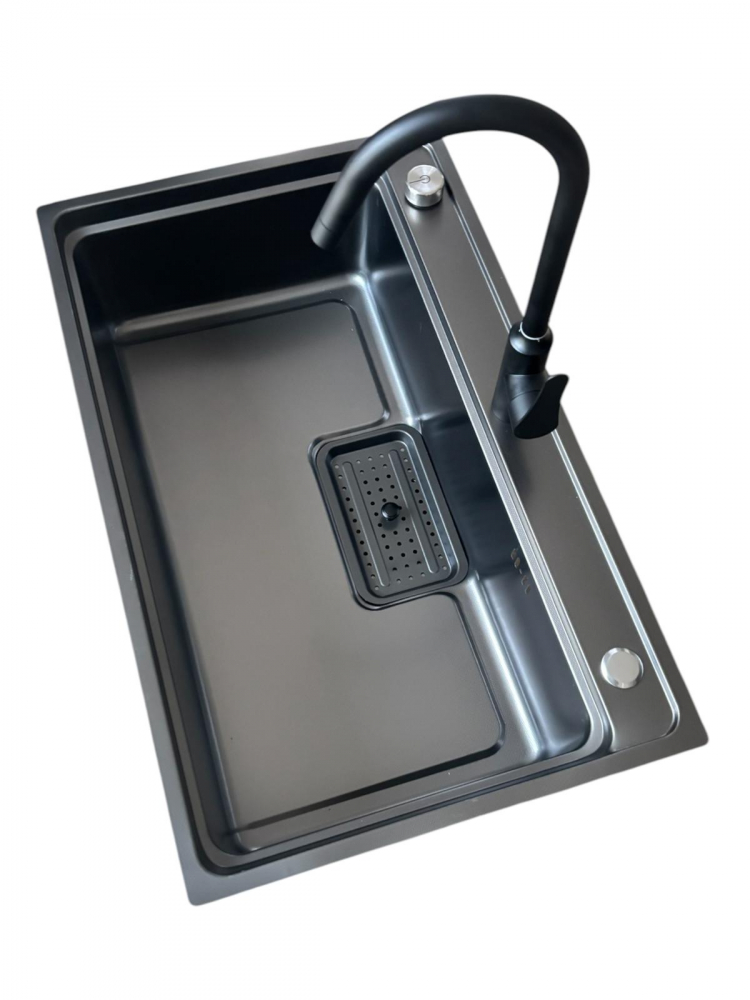 Chiuveta de bucatarie 750x460mm, baterie negru mat si accesorii montaj incluse, AVI-4659 [5]
