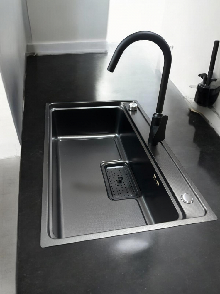 Chiuveta de bucatarie 750x460mm, baterie negru mat si accesorii montaj incluse, AVI-4659 [2]