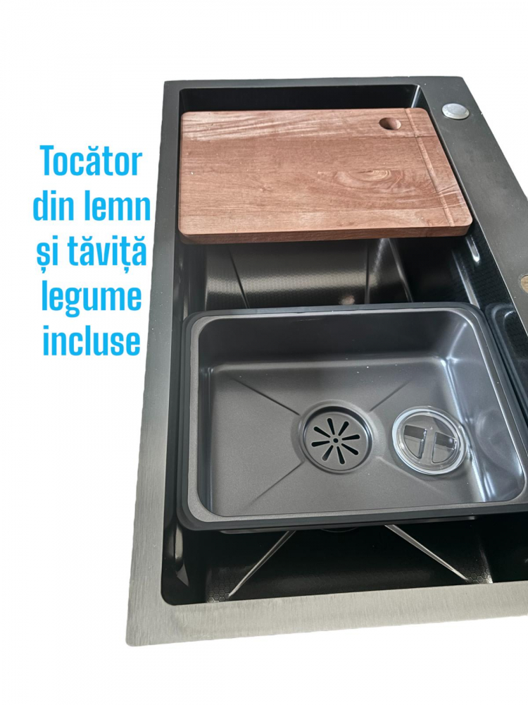 Chiuveta de bucatarie 750x460mm, baterie negru mat, tavita legume, tocator din lemn si accesorii montaj incluse, dark grey AVI-4660 [2]