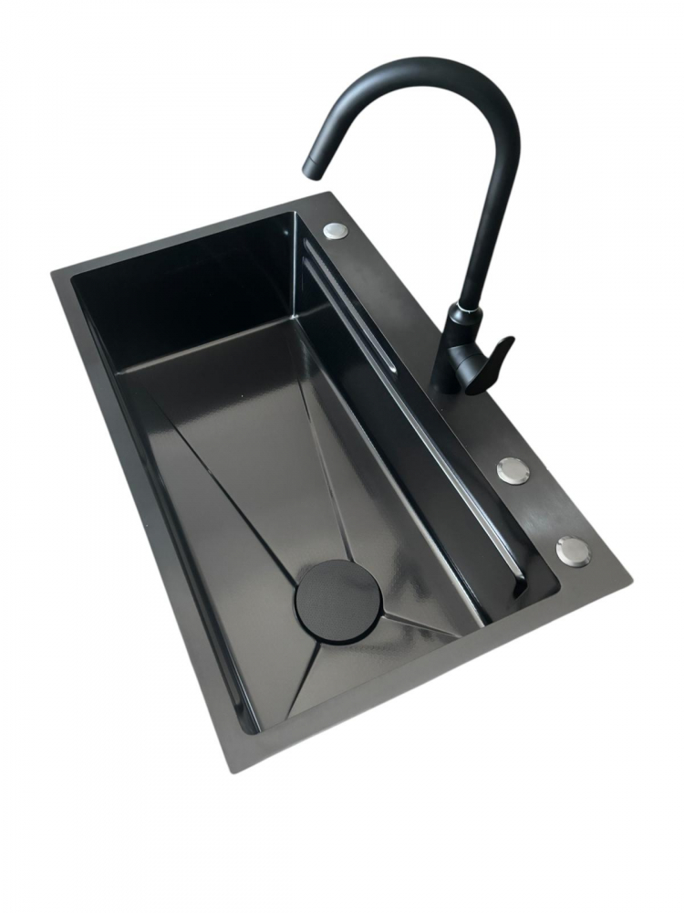 Chiuveta de bucatarie 750x460mm, baterie negru mat, tavita legume, tocator din lemn si accesorii montaj incluse, dark grey AVI-4660 [4]