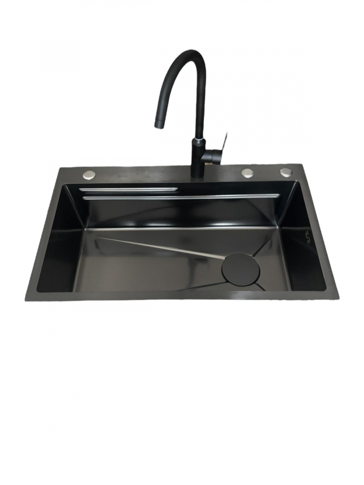 Chiuveta de bucatarie 750x460mm, baterie negru mat, tavita legume, tocator din lemn si accesorii montaj incluse, dark grey AVI-4660 [7]