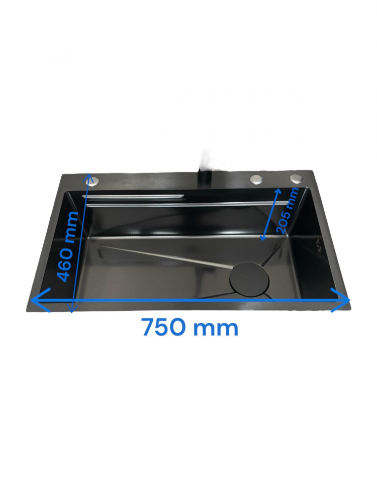 Chiuveta de bucatarie 750x460mm, baterie negru mat, tavita legume, tocator din lemn si accesorii montaj incluse, dark grey AVI-4660 [3]