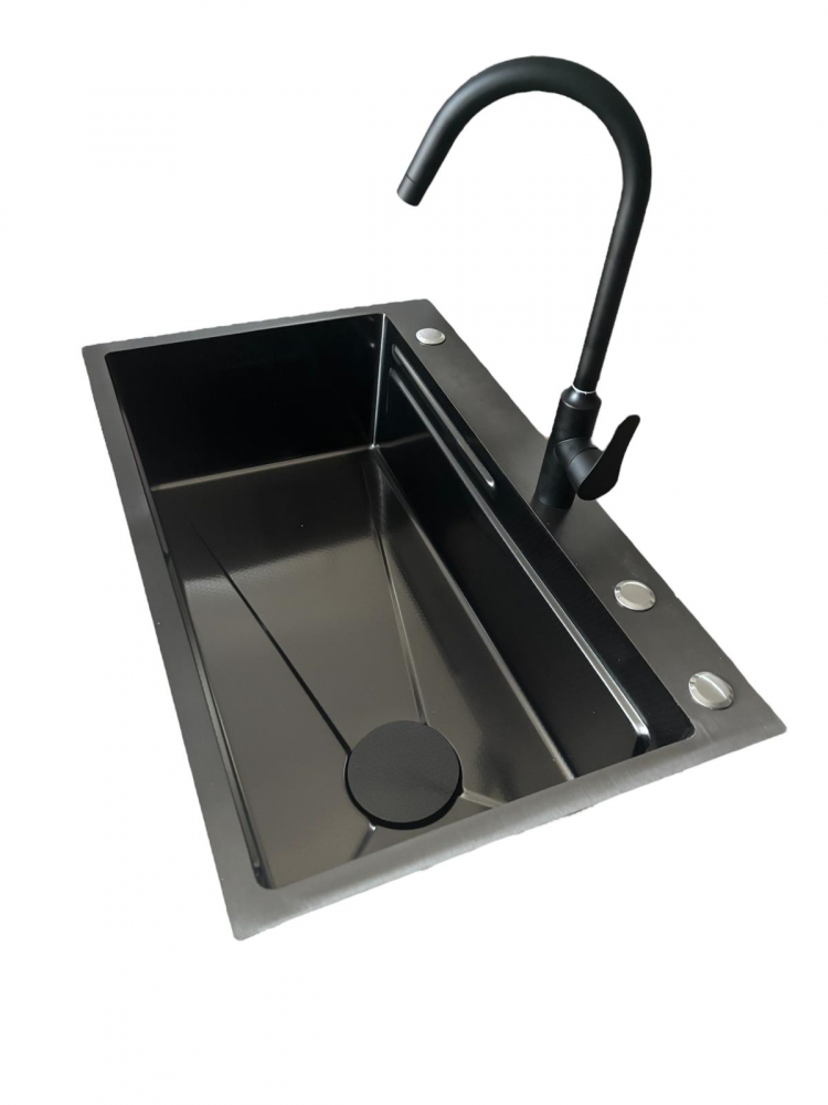 Chiuveta de bucatarie 750x460mm, baterie negru mat, tavita legume, tocator din lemn si accesorii montaj incluse, dark grey AVI-4660 [6]