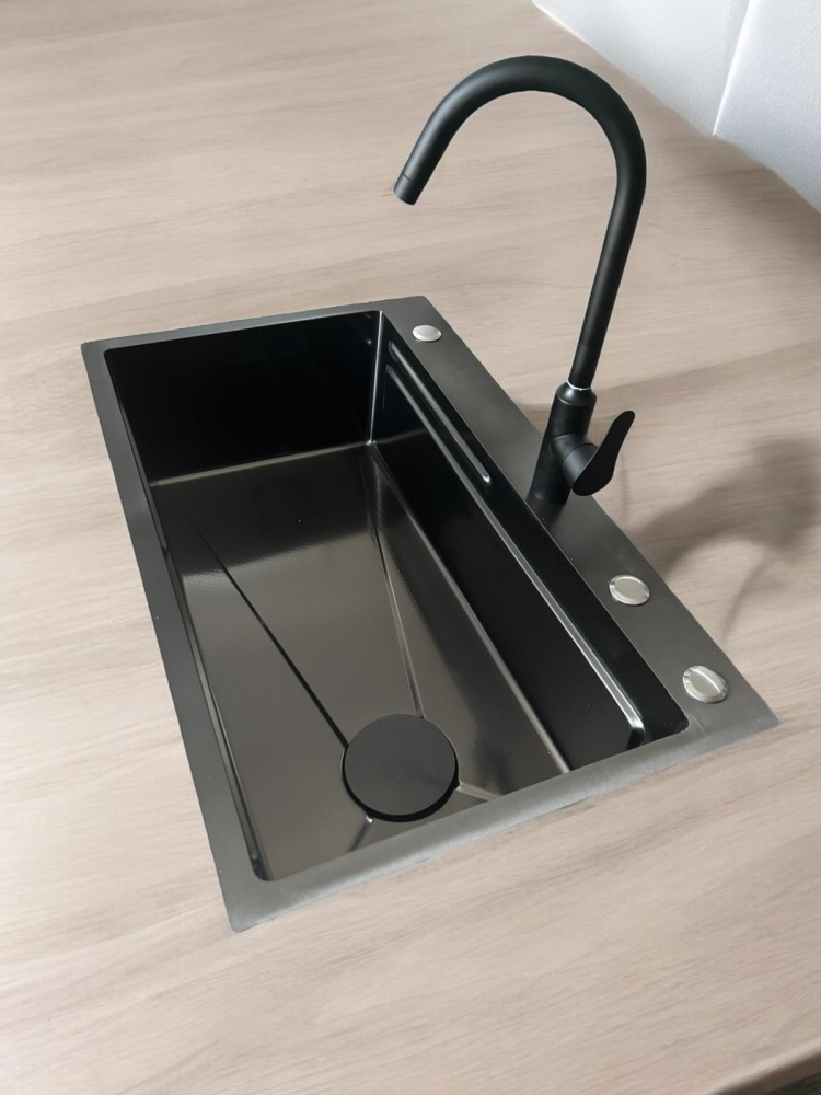 Chiuveta de bucatarie 750x460mm, baterie negru mat, tavita legume, tocator din lemn si accesorii montaj incluse, dark grey AVI-4660 [5]