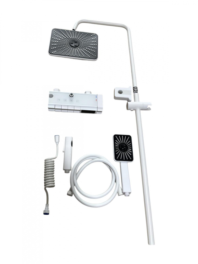 Coloana de dus premium completa, panou de comanda alb metal 2 kg, 25.20 cm, autonoma, banda LED si afisare temperatura apa, nu necesita conectarea la o sursa de energie, tevi metal, alb AVI-4844 [9]