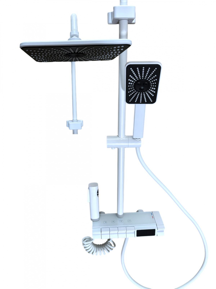 Coloana de dus premium completa, panou de comanda alb metal 2 kg, 25.20 cm, autonoma, banda LED si afisare temperatura apa, nu necesita conectarea la o sursa de energie, tevi metal, alb AVI-4844 [4]